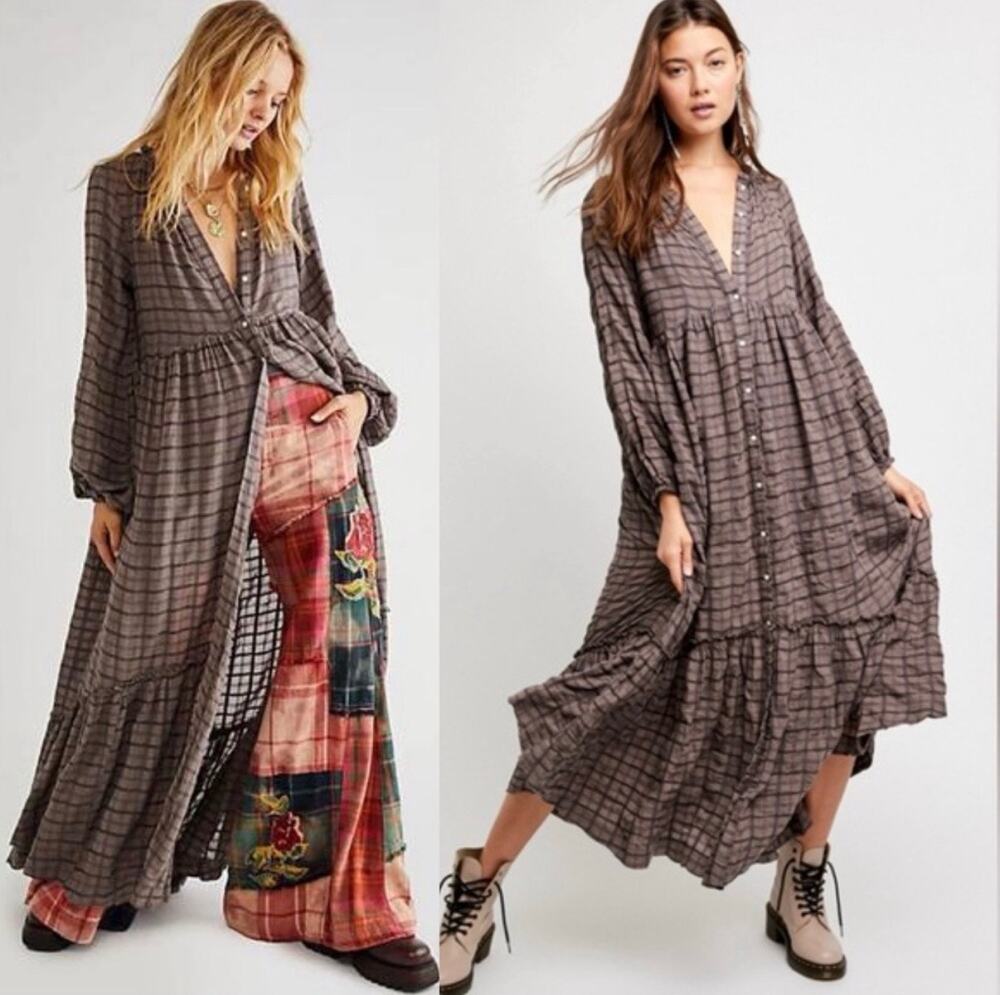 Free Peiple Brown Plaid Prarie Tiered Maxi Dress Flowy Farmstead Oversized